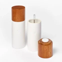 Ceramic Salt And Pepper Grinder Set Cream - Figmint™: Wood & Stoneware, 6.25" Height, 55 Volume Capacity, 2-Piece Set -Figmint GUEST 12a93570 0f07 44f4 8296 47f8b13ef59f
