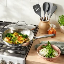 12" Stainless Steel Frypan With Cover Silver - Figmintâ„¢