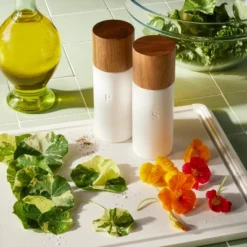 Ceramic Salt And Pepper Grinder Set Cream - Figmint™: Wood & Stoneware, 6.25" Height, 55 Volume Capacity, 2-Piece Set