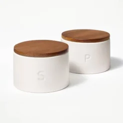 Set Of 2 Stoneware Salt And Pepper Cellar With Wood Lid Cream - Figmint™ -Figmint GUEST 82c0c790 ff9c 4ee8 a74a e762029df829